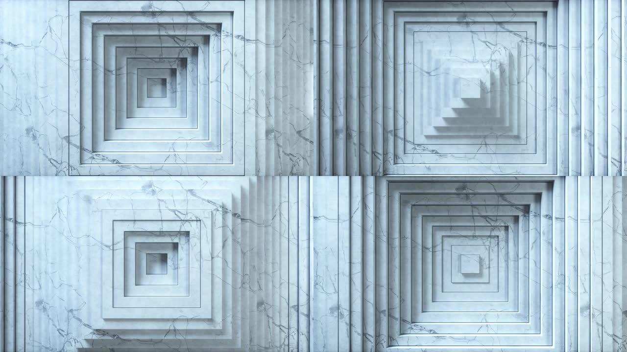 具有偏移效应的抽象正方形图案。纹理大理石中空白方块的动画。业务演示的摘要背景。无缝循环4k 3D渲染