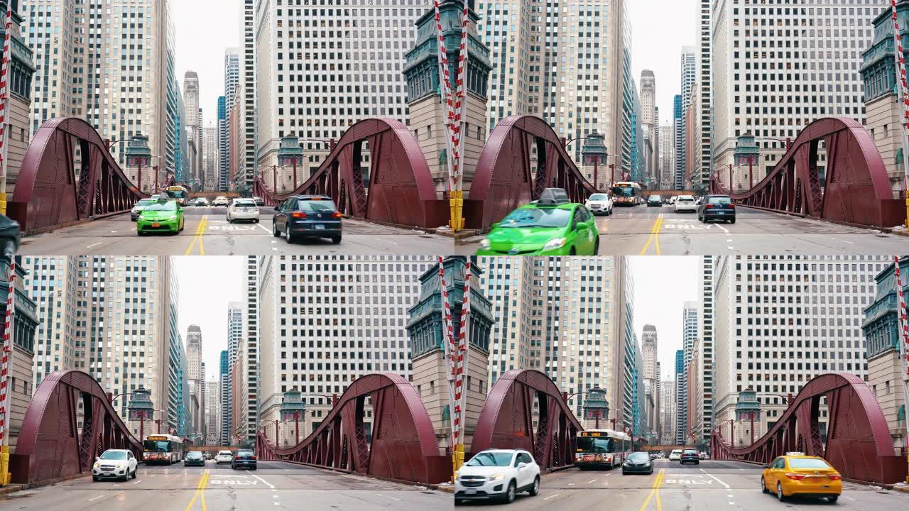 美国伊利诺伊州芝加哥密歇根大道芝加哥市中心现代建筑间的芝加哥街大桥的4k镜头