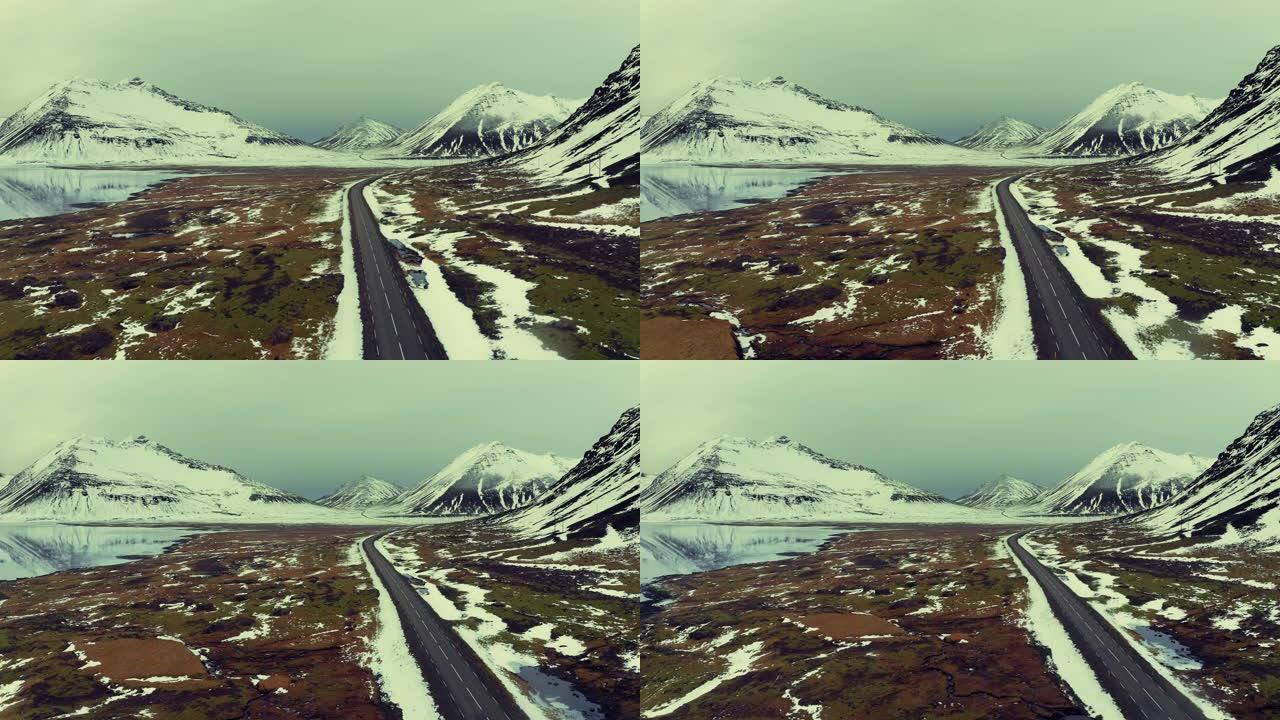 冬季冰岛道路的航拍视频