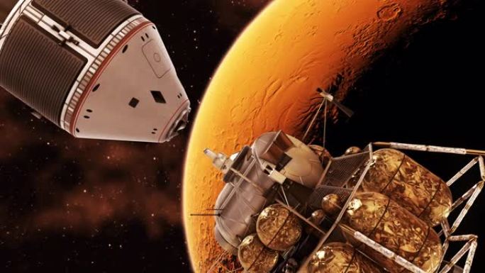 4K。行星际空间站和火星着陆器的太空舱的对接。