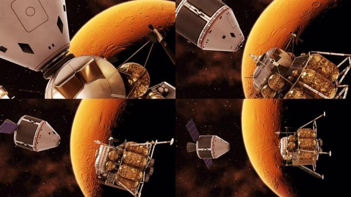 4K。行星际空间站和火星着陆器的太空舱的对接。