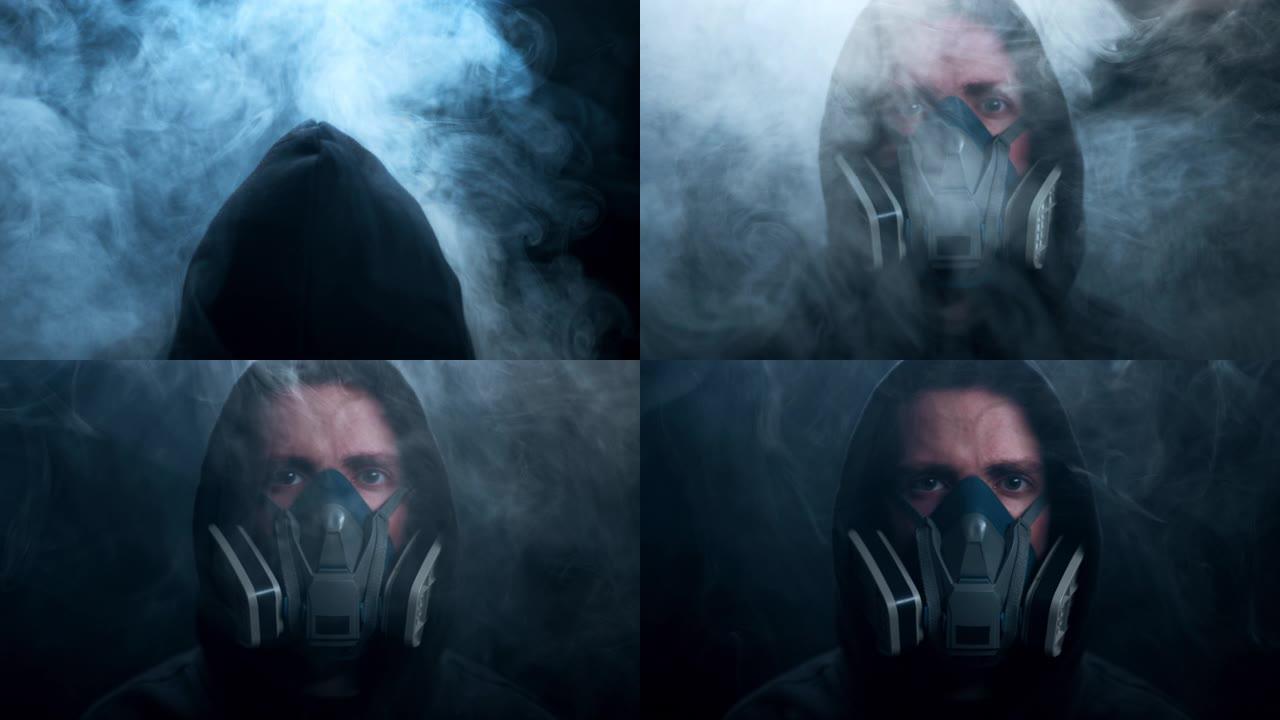 戴防毒面具的男子抬起头，烟雾逐渐清除