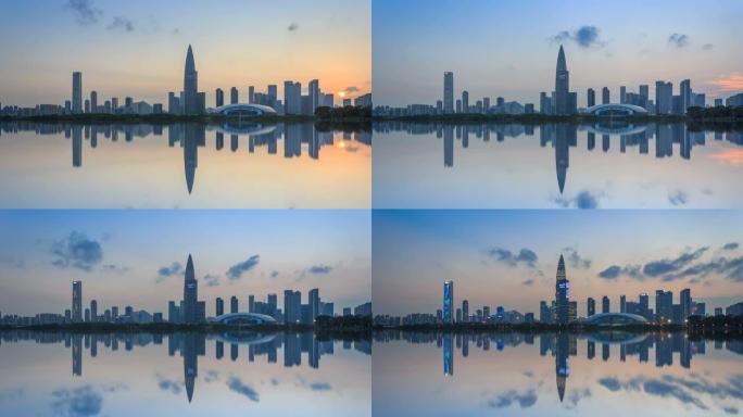 深圳湾公园和后海金融区从黄昏到夜晚的延时/中国深圳。