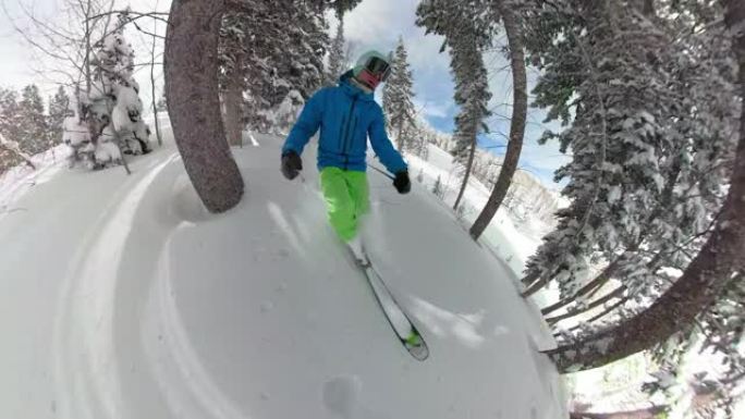 自拍照: 一个年轻人在犹他州风景秀丽的偏远地区滑雪的酷炫镜头。