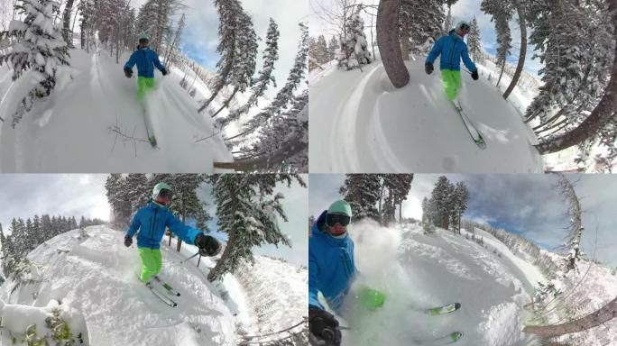 自拍照: 一个年轻人在犹他州风景秀丽的偏远地区滑雪的酷炫镜头。