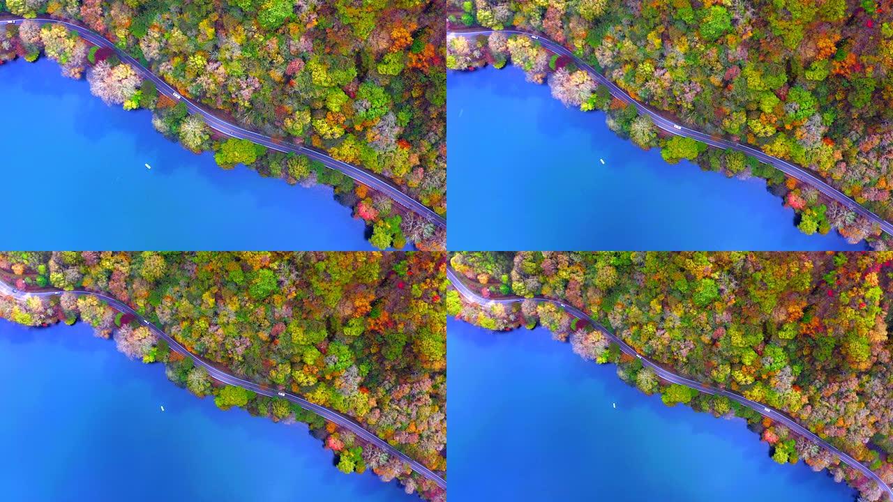 日本乡村道路秋季森林和蓝湖道路的架空鸟瞰图