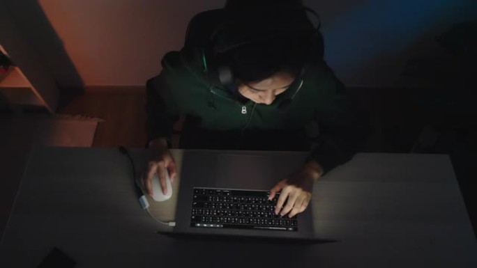 小女孩晚上在笔记本电脑上玩电脑游戏