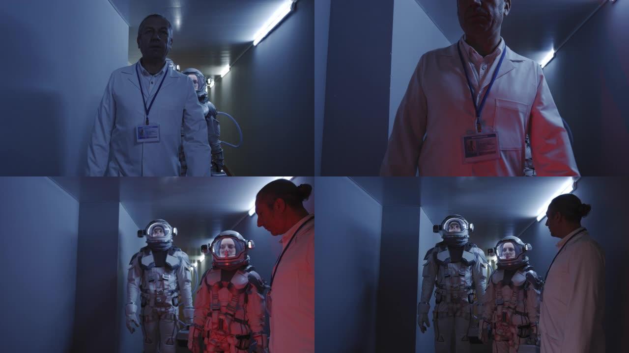 宇航员沿着走廊走未来技术通道