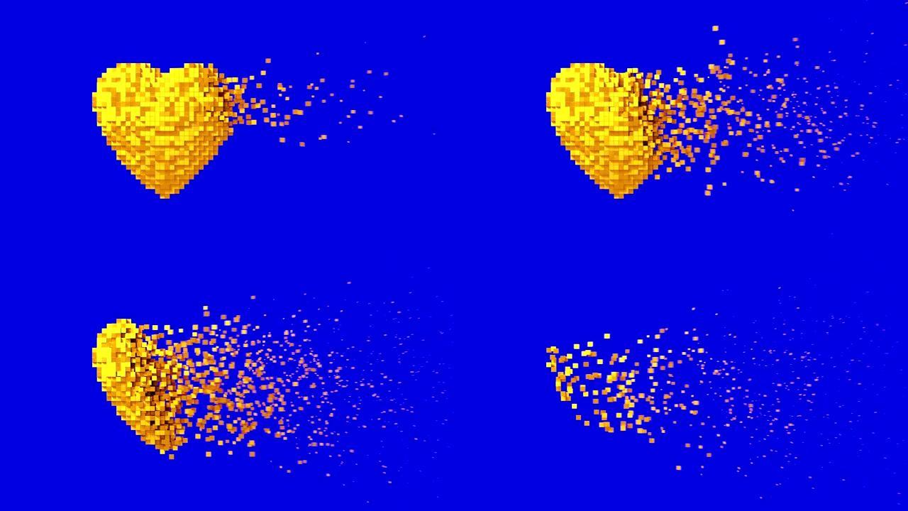 4K.蓝色屏幕上的金色数字心脏解体。