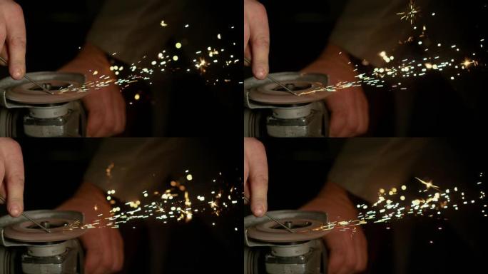 特写镜头，doff: 火花从旋转角磨机上飞出，研磨一块金属。