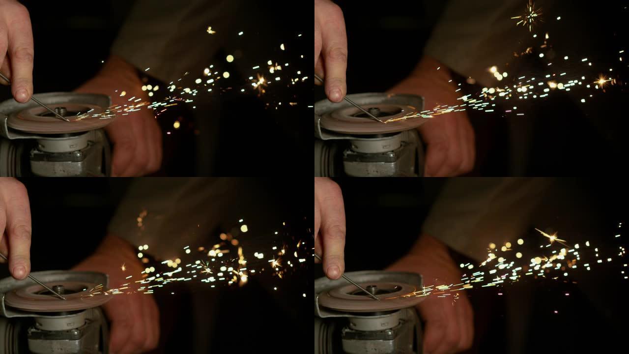特写镜头，doff: 火花从旋转角磨机上飞出，研磨一块金属。