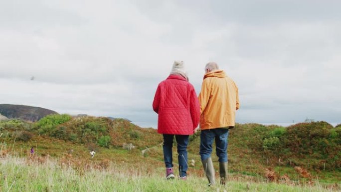 老年夫妇在秋天牵手沿着海岸小路行走的后视-慢动作拍摄