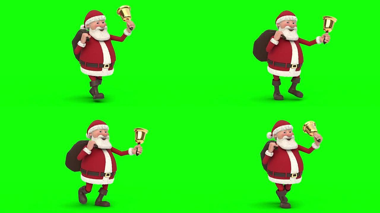 走在绿色背景上的圣诞老人。无缝循环3d动画