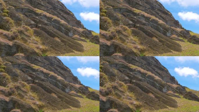 特写: 复活节岛上未完成的摩艾雕塑的壮观景色。