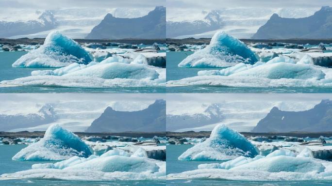 冰川泻湖与冰岛的冰山，Vatnajokull冰帽的背景，北极贼鸥水鸟飞越