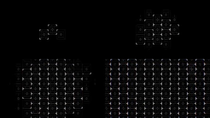 抽象的数字正方形图标绘制在黑色背景上填充屏幕。数字技术3d动画。