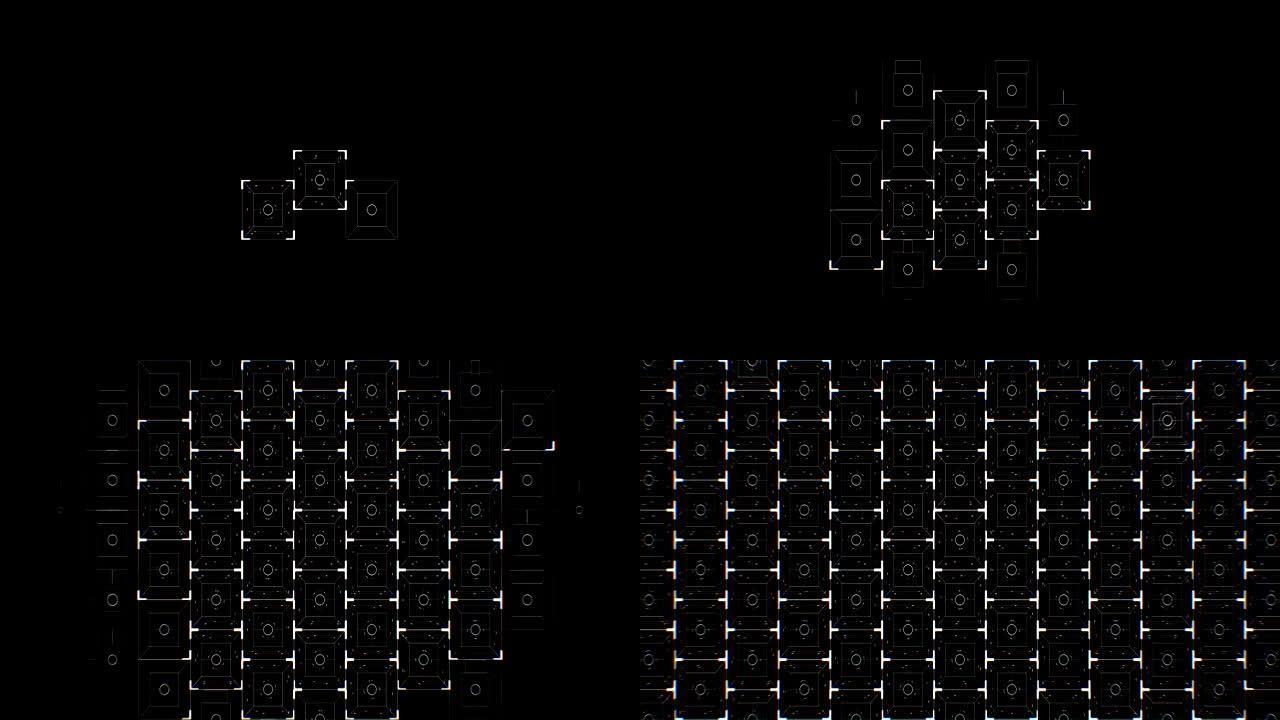 抽象的数字正方形图标绘制在黑色背景上填充屏幕。数字技术3d动画。
