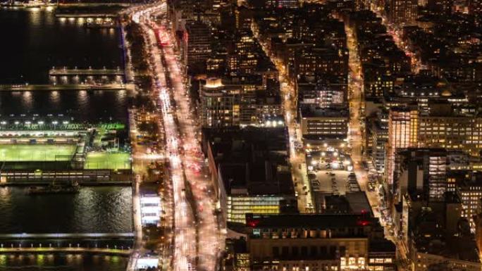 延时: 纽约市曼哈顿下城交通的鸟瞰图