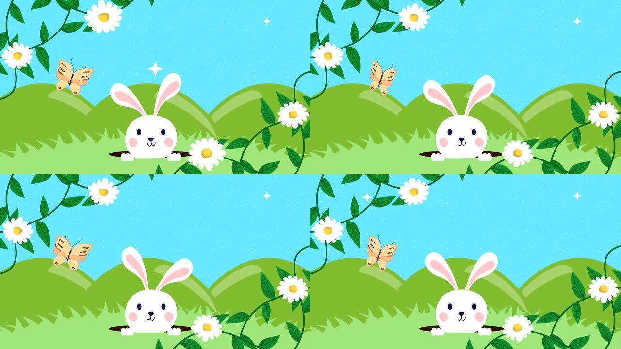 快乐复活节动画卡与兔子在营地