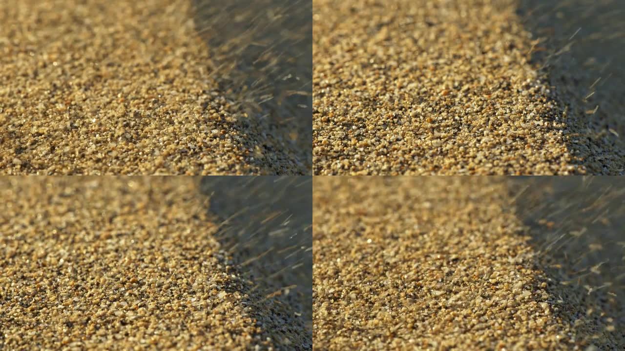 沙粒在风中飘扬。谷物像谷物一样飞走的抽象观点。慢动作镜头