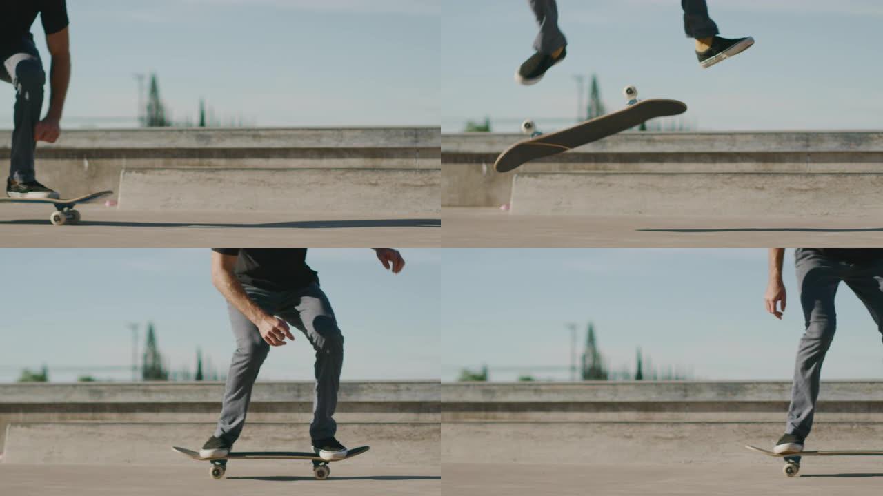 滑板手在慢动作中进行踢腿