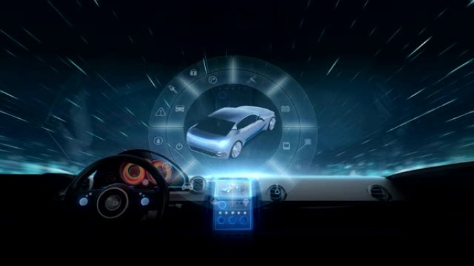 未来混合动力汽车内部有各种智能物联网图标，物联网。