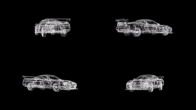 旋转汽车的全息图，4k动画黑白三维可循环。