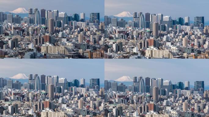 延时: 富士山鸟瞰图新宿东京城市景观