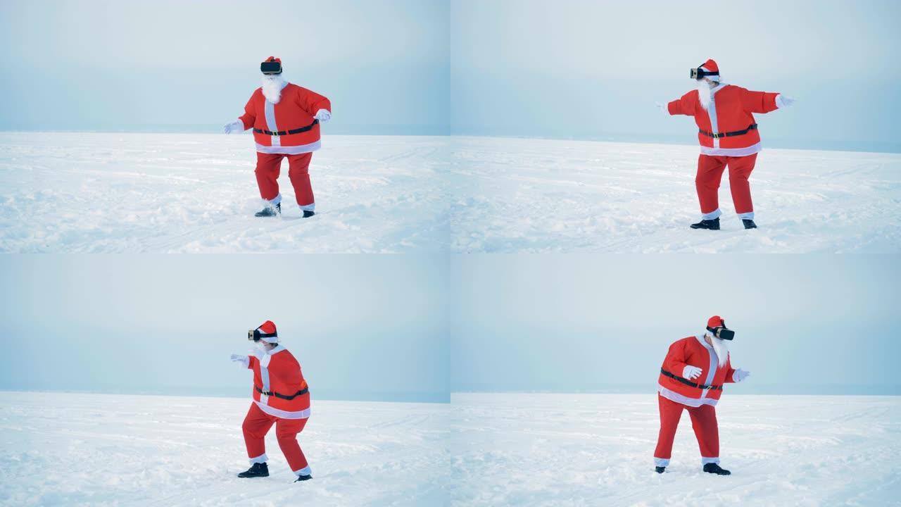 白雪皑皑的地形和圣诞老人在VR眼镜中跳跃