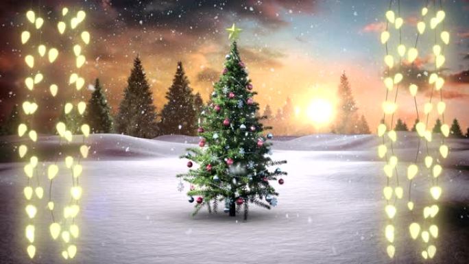红色背景上的圣诞树和童话灯串