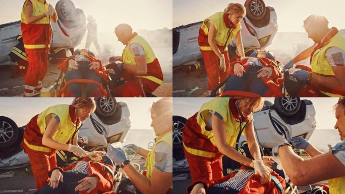 在车祸交通事故现场: 医护人员挽救了躺在担架上的女性受害者的生命。他们听心跳，戴上氧气面罩并进行急救