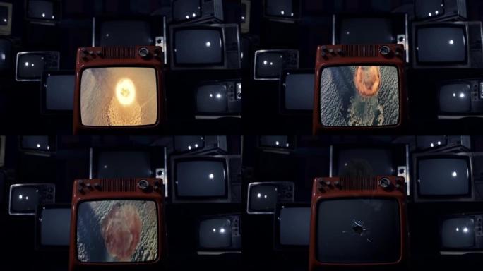 在爆炸的复古电视上进行核试验和原子弹爆炸。