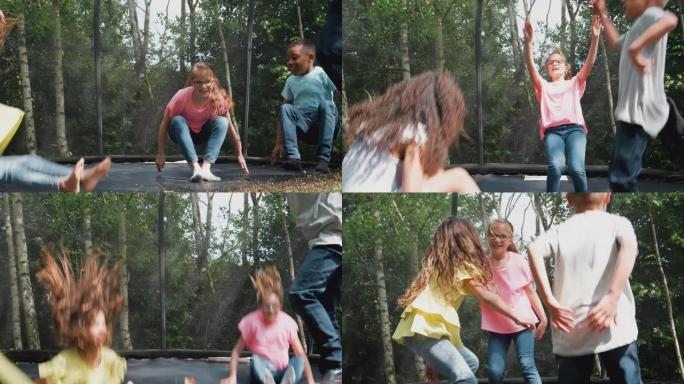 一群在花园里玩得开心的孩子一起在蹦床上蹦蹦跳跳 -- 慢动作拍摄