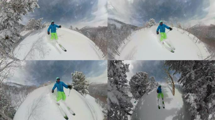 自拍照: 年轻人在新鲜的粉末雪中学习滑雪。