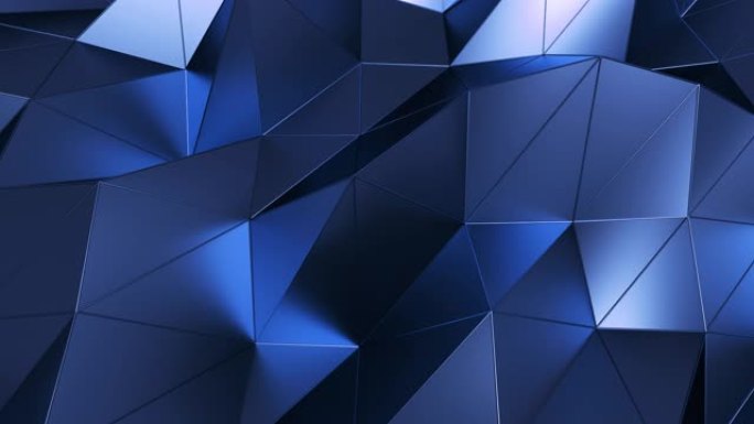 抽象多边形金属表面。几何多边形蓝色三角形运动背景。无缝循环3d渲染