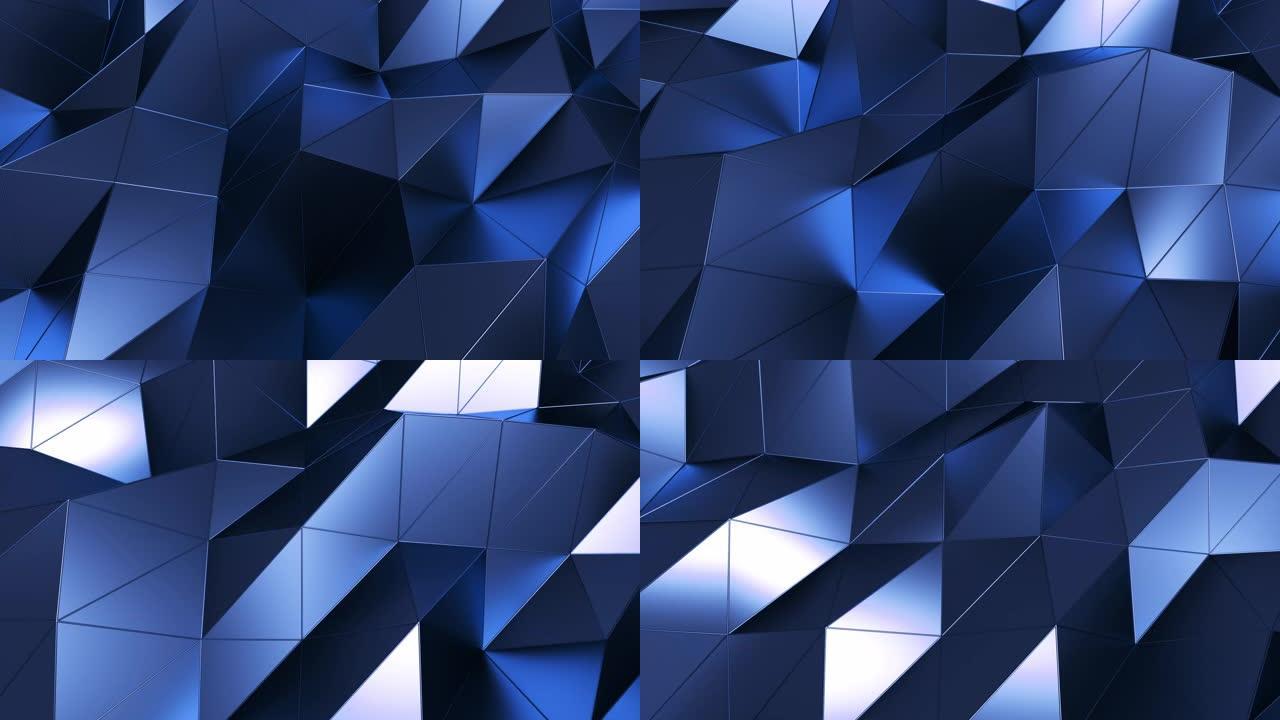 抽象多边形金属表面。几何多边形蓝色三角形运动背景。无缝循环3d渲染