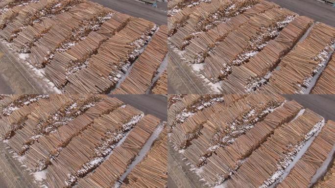 空中: 飞过锯木厂附近堆积成堆的切碎的树干