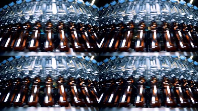 工业机器中捕获的塑料啤酒瓶正在四处移动
