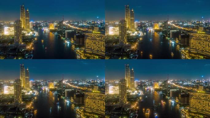 曼谷夜河夜景穿梭夜晚河道灯光亮化工程