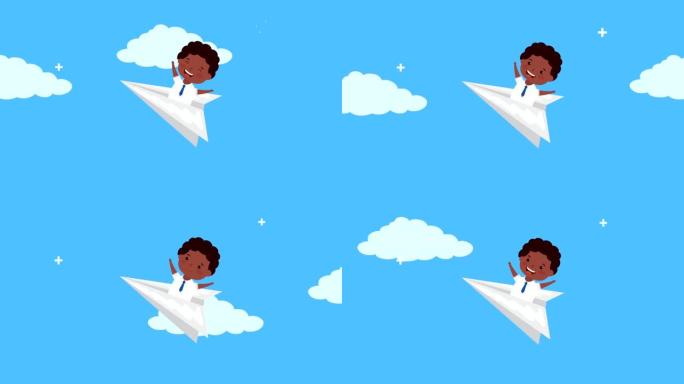 回到学校，男孩乘坐纸飞机飞行