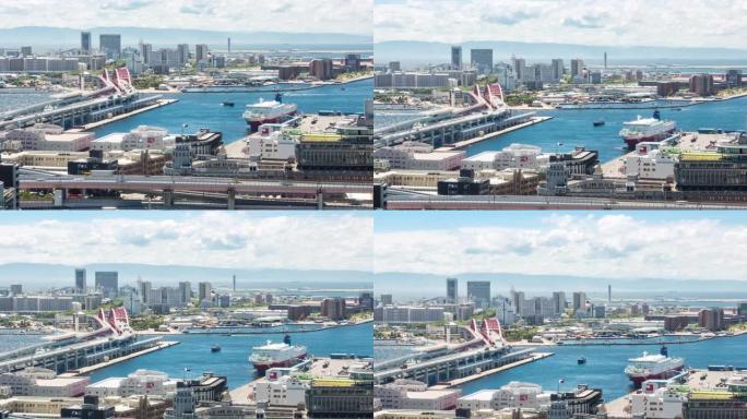 延时: 神户港和火车站到机场的鸟瞰图