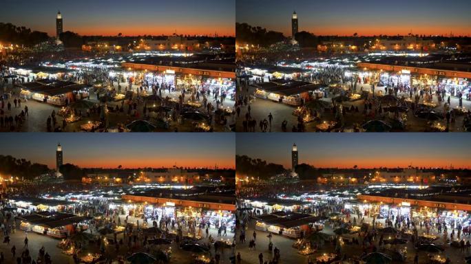 日落之后，摩洛哥马拉喀什Jemaa el-Fnaa广场的市场上挤满了人。4K, UHD