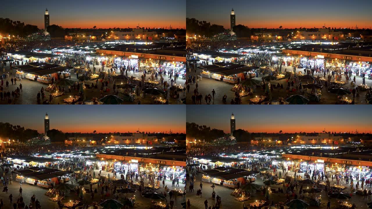 日落之后，摩洛哥马拉喀什Jemaa el-Fnaa广场的市场上挤满了人。4K, UHD