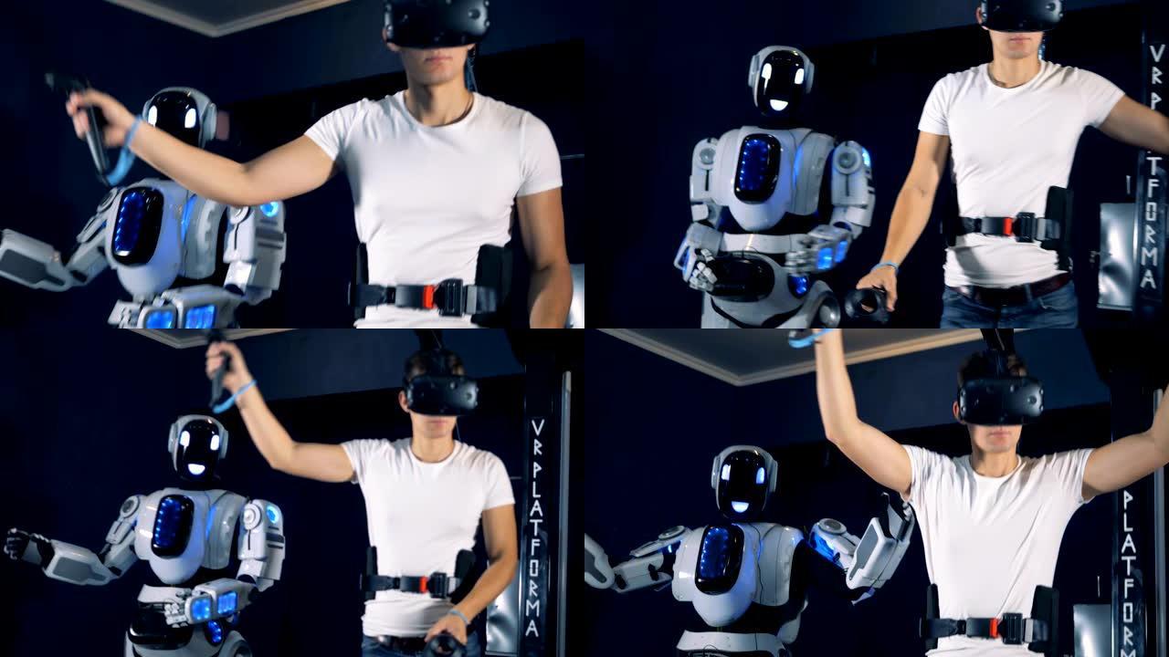 一位戴着虚拟现实眼镜的玩家和一只机器人移动手臂，特写镜头。