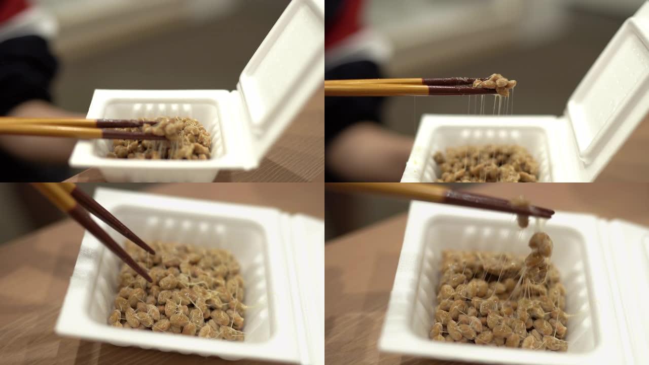 用筷子食纳豆特写展示