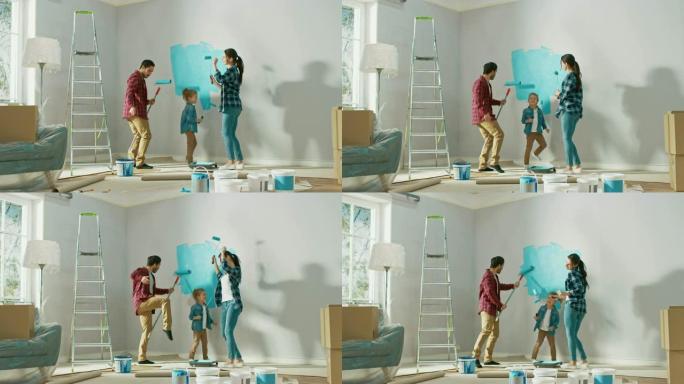 和小女儿在一起的家庭时光。年轻的父亲和母亲正在跳舞，并与油漆滚筒鬼混。墙漆颜色为浅蓝色。家里的房间准