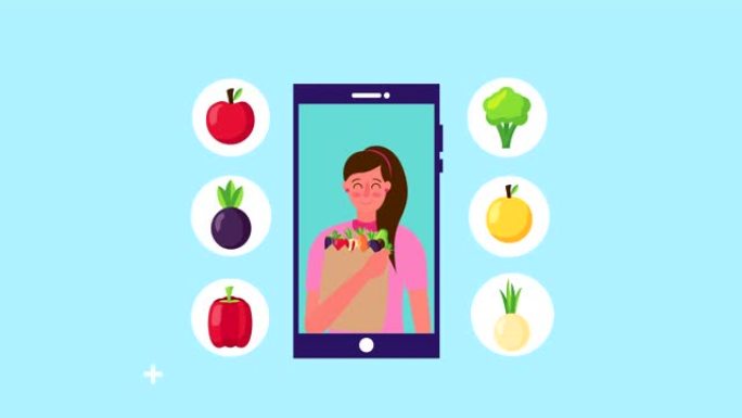 穿着新鲜健康食品的智能手机女人