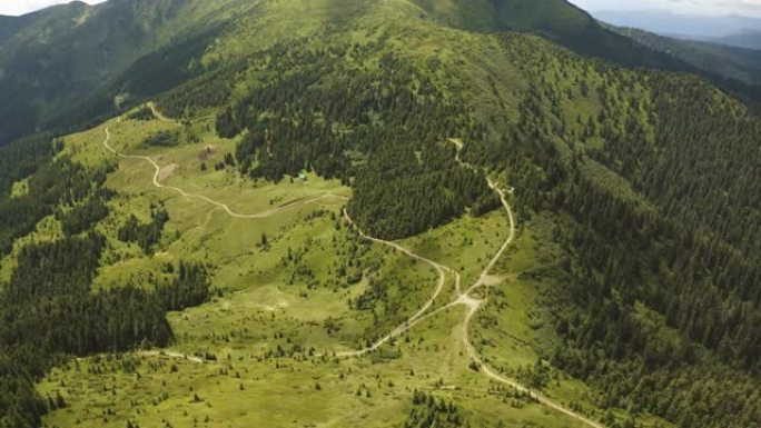 高山森林上空的飞行。过度下垂