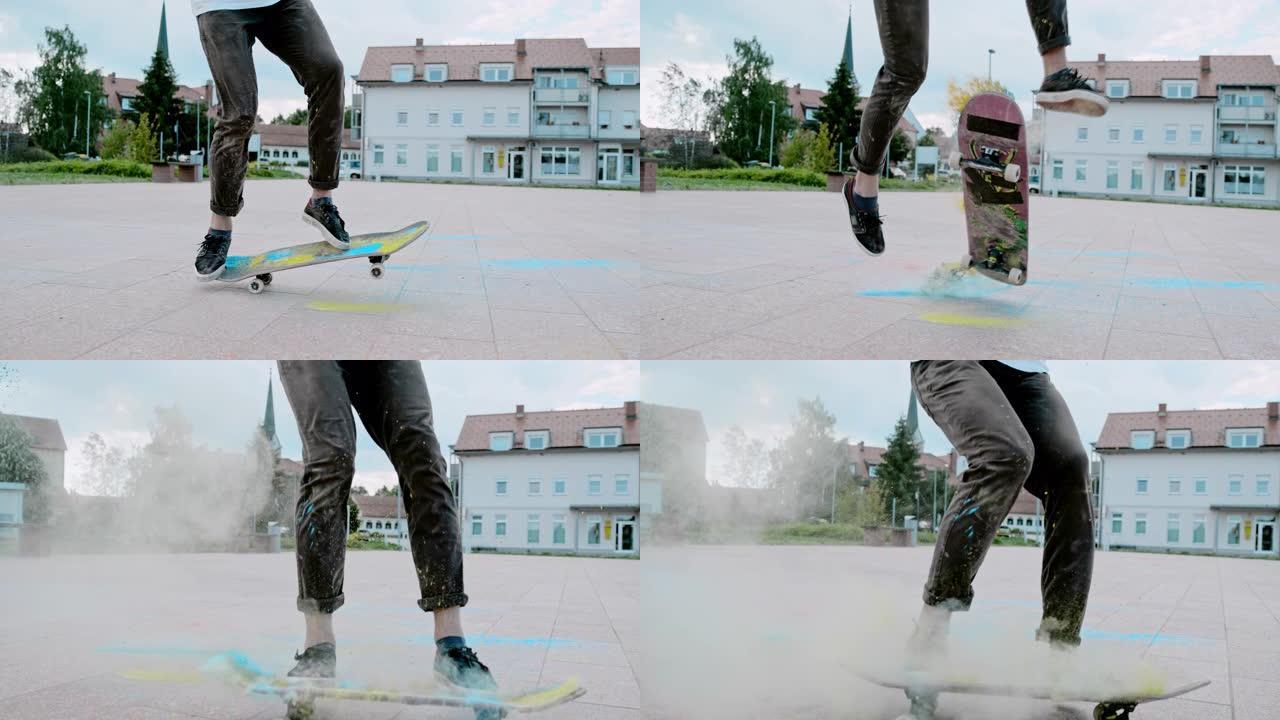 铜时曲效应男子在镇广场用粉末翻转滑板