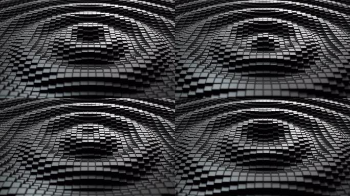 3d渲染。波浪运动中的深色塑料立方表面。立方体上下移动的抽象无缝循环3d动画。